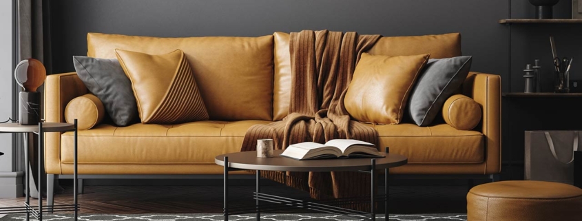 Black living room interior with leather sofa, minimalist industrial style