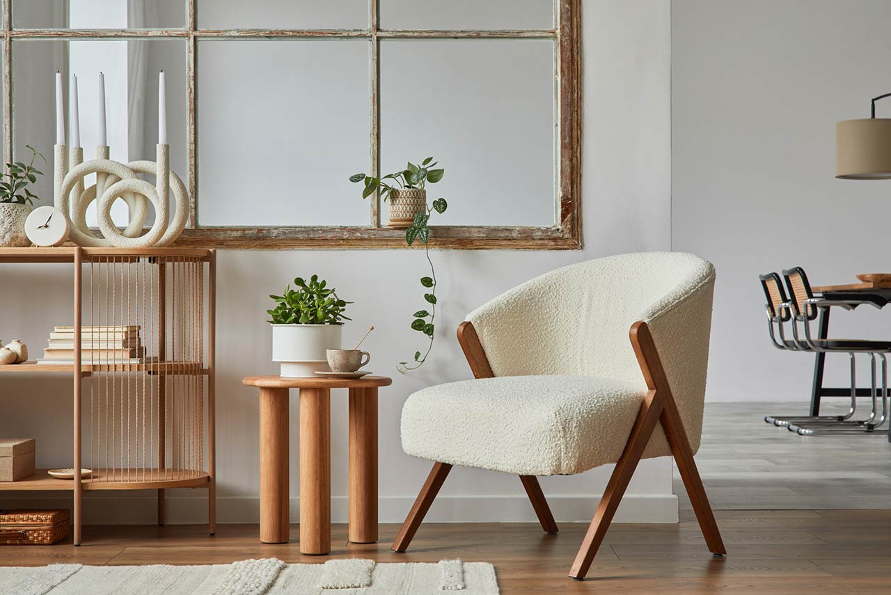 Stylish compositon of modern living room interior with frotte armchair, wooden commode, side table and elegant home accessories