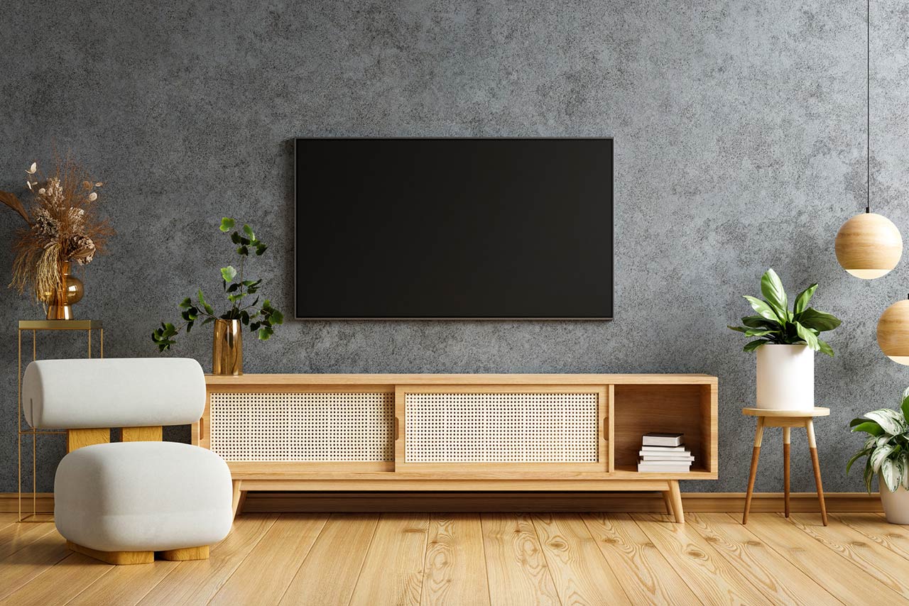 TV and wooden cabinet with gray armchair in modern living room the concrete wall