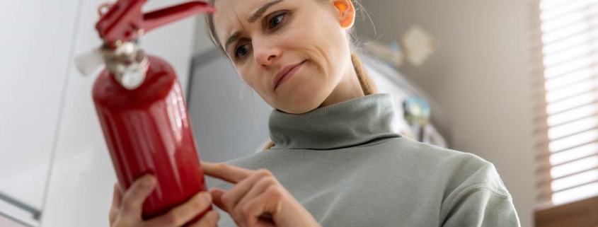 A woman checks the fire extinguisher expiration date at home