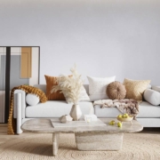 living room interior with design furniture, accessories, and a round rug