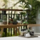 a balcony with various tropical plants, funriture, coffee and a beautiful nature view