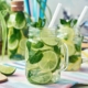 Two glasses and a bottle of homemade lemon, lime, and mint lemonade sit on the wooden dining table