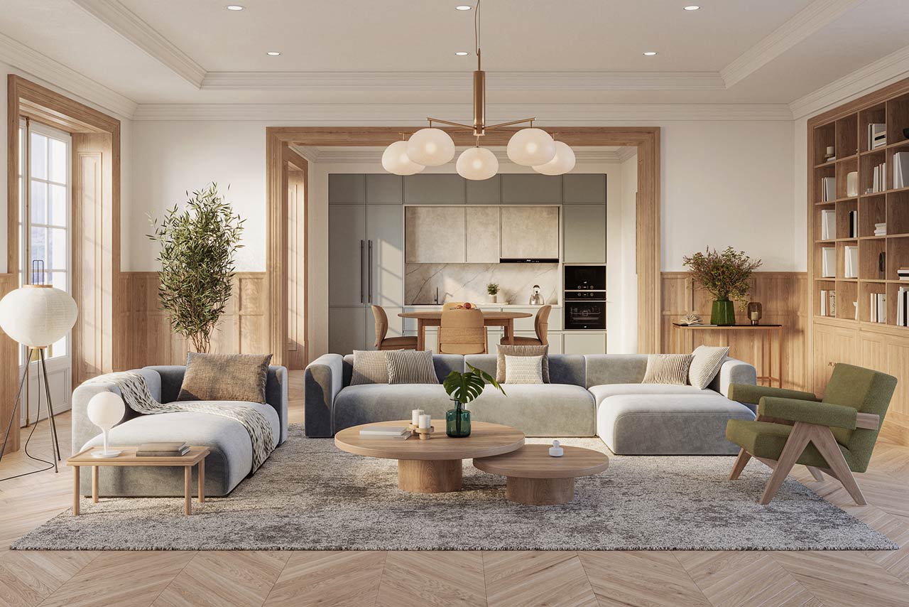 A stylish living room interior featuring modern designer furniture