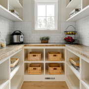 An organized pantry featuring wooden shelves and storage baskets, providing ample space for kitchen essentials