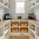An organized pantry featuring wooden shelves and storage baskets, providing ample space for kitchen essentials