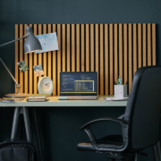 Organized Home Office With Stylish Wooden Backdrop stock photo