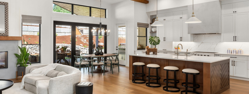kitchen and living room in newly constructed luxury home